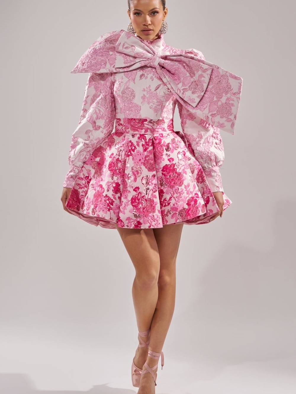 AKIRA Pink Floral Jacquard Mini Dress with Oversized Bow